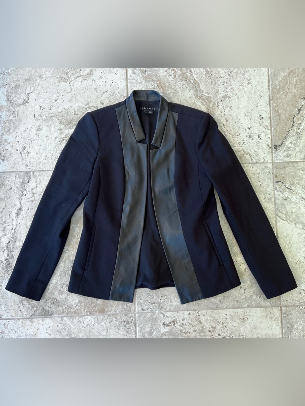 Theory Cirilo Rave Lamb Leather Trim Front Panel Open Blazer in Black, size 2 - Picture 8 of 8